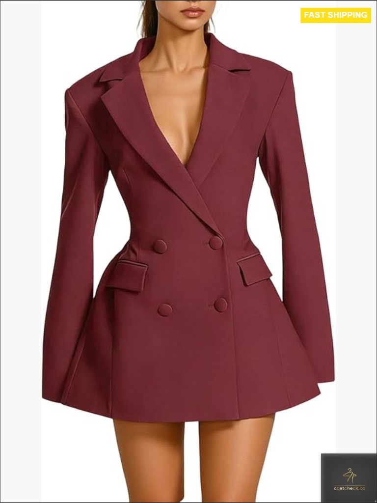 Elegant V-Neck Blazer Dress Long Sleeve Pleated Cocktail Mini Party Wear